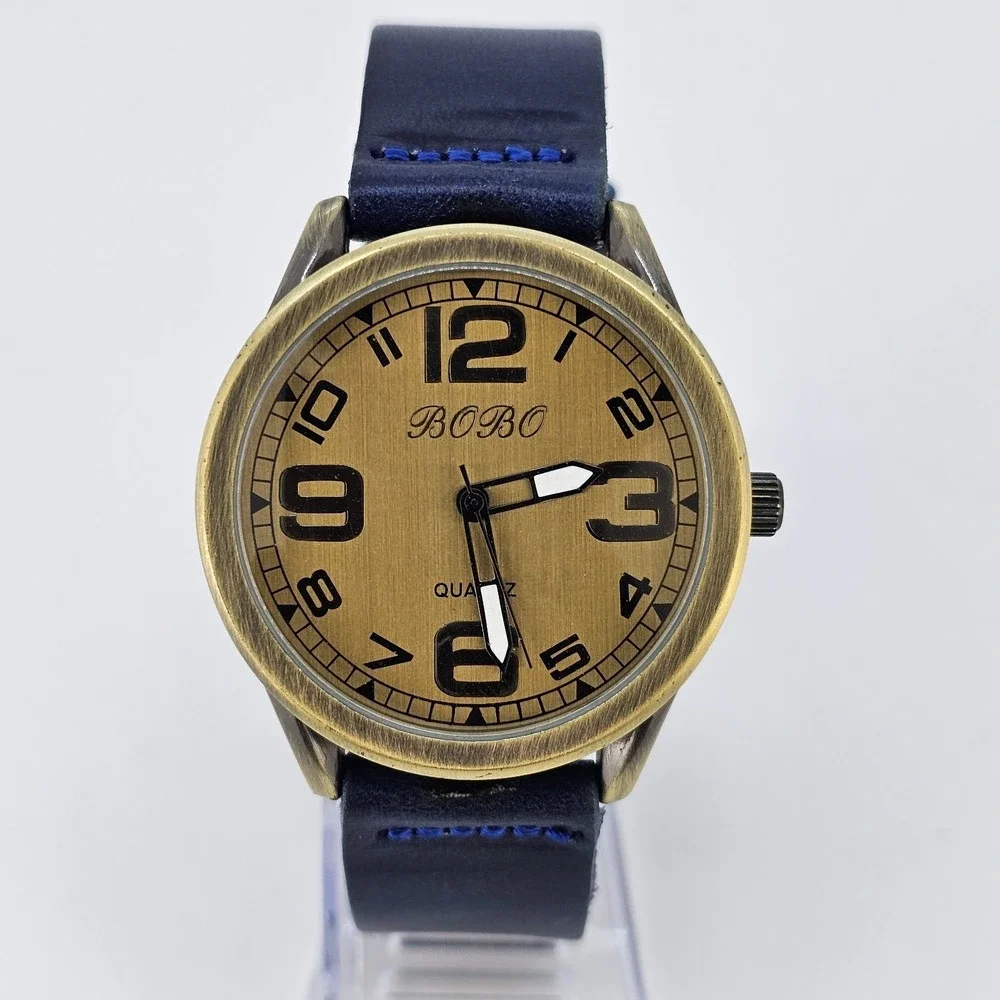 42MM Men's Analog Watch Gold Dial Dark Blue Leahter Bands New Battery